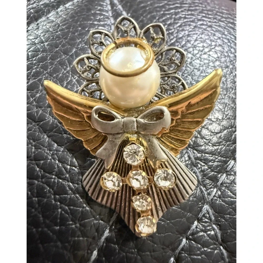 Vintage Brooch Pin Angel Gold Silver Tone with Cross Ten Thousand Angels